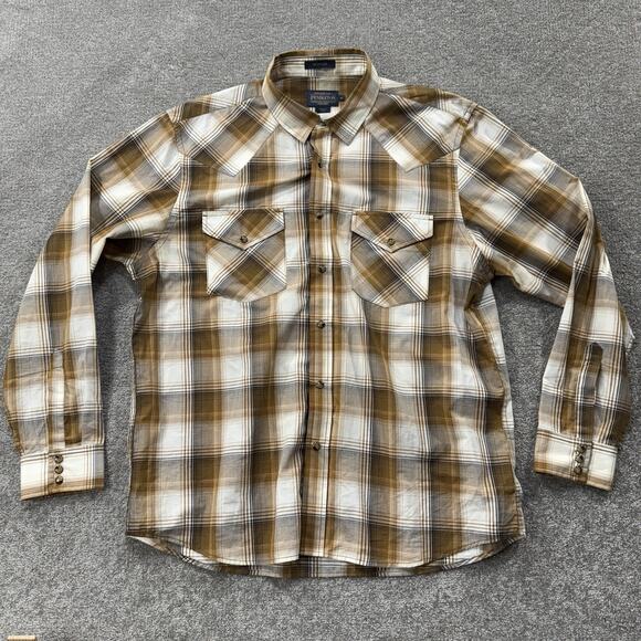 Pendleton Mens XL Frontier Western Snap Button Plaid Shirt Brown Tan Long Sleeve - Picture 5 of 10